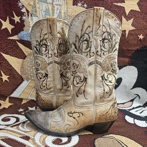 VTG Sterling River Womens Size 10 B Snip Toe Cowboy Western Boots Beige/Brown